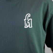 Load image into Gallery viewer, Green t-shirt with a white logo on a plain background