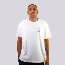 Load image into Gallery viewer, Man wearing a white t-shirt with a logo on a gray background
